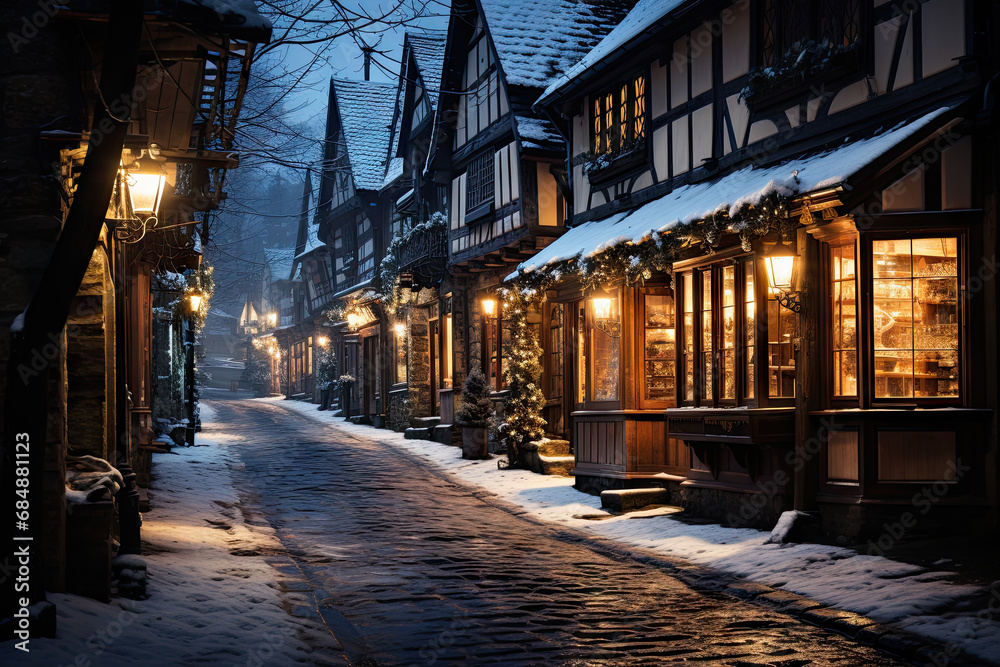 A snowy street lined with buildings and lights created with generative AI technology