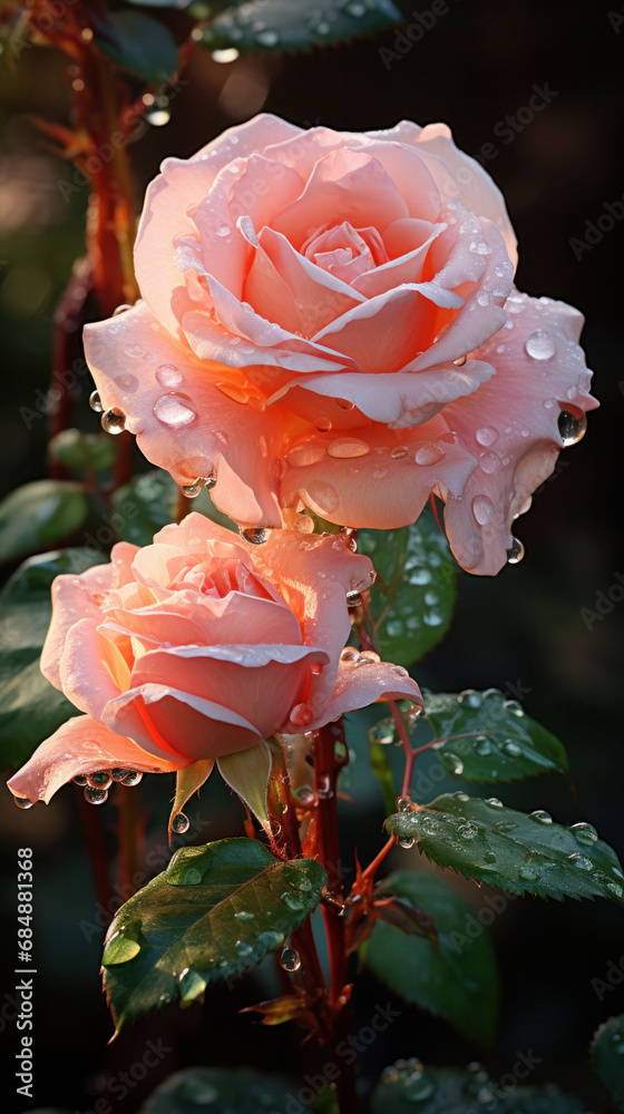 Cluster of peach roses drenched in raindrops, illuminated by the soft ...