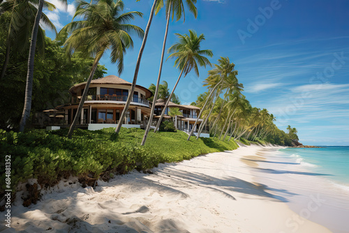A beach with palm trees and a house created with generative AI technology © Golib Tolibov