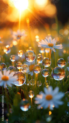 Daisy field with morning dew reflecting the sunrise, creating a magical sparkle. This scene evokes a sense of wonder and natural splendor.