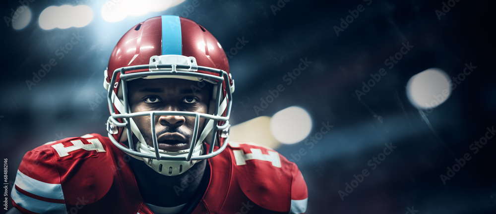 American football player in an important game with his sights set on winning