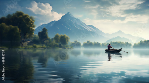 beautiful lake landscape in the morning with mountain in the background  calm water  reflection  fisherman is fishing with little wood boat  big tree with big roots on the foreground
