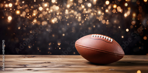 American football ball on an empty wooden table with a background of bokeh Christmas lights