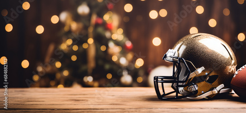 American football helmet on an empty table with a background of Christmas lights photo