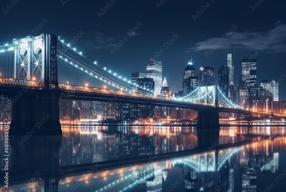 bridge over river in urban area with view of city lights. generative ai