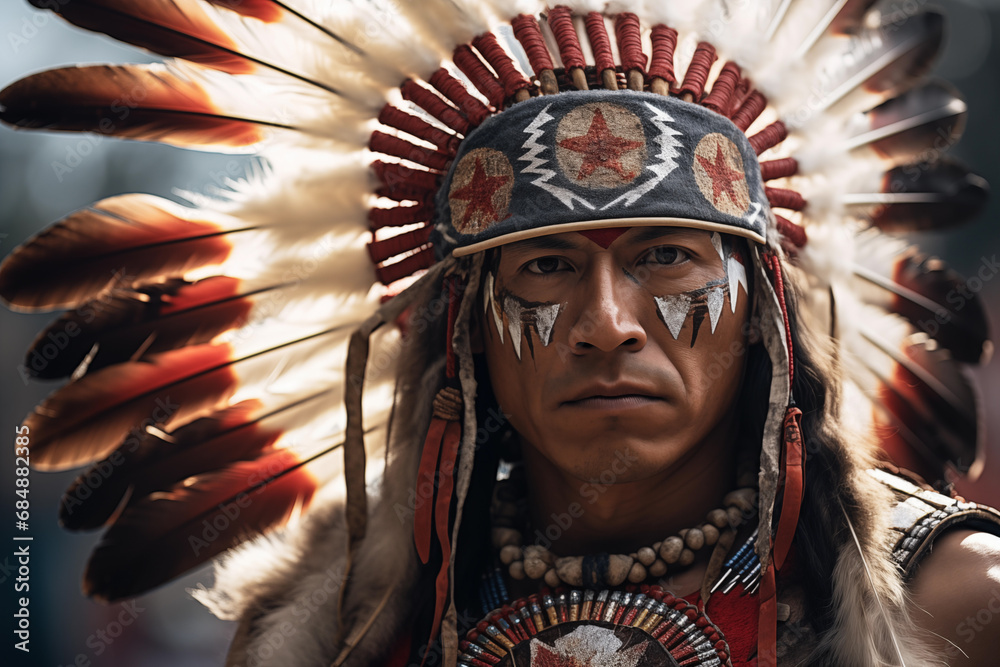 A detailed image of a Native American warrior adorned in ceremonial attire, highlighting the craftsmanship of traditional weapons and ornaments