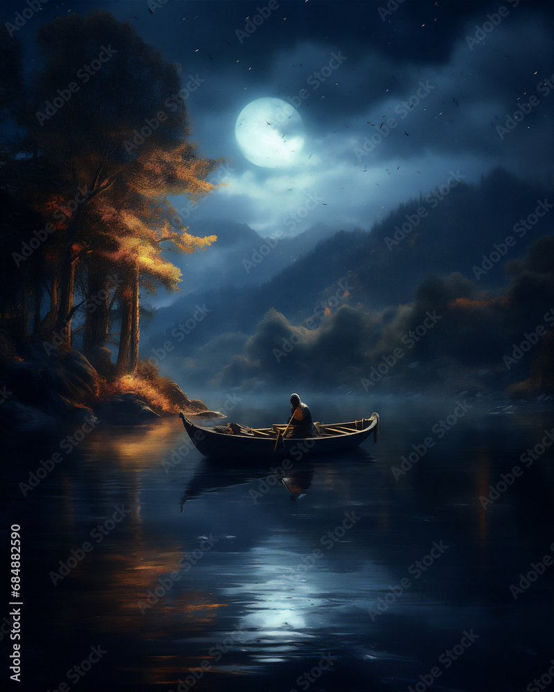 beautiful lake landscape in the night with full moon and mountain in the background, calm water, reflection, fisherman with lantern