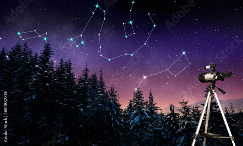 Different constellations in starry sky over conifer forest at night. Stargazing with telescope photo