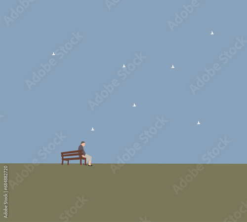 Old man sitting on the bench enjoying bird flying under blue sky in park. Happy retirement, simple happiness and the start of a new chapter in life