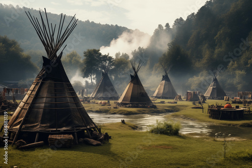 A serene landscape featuring a Native American tipi village photo