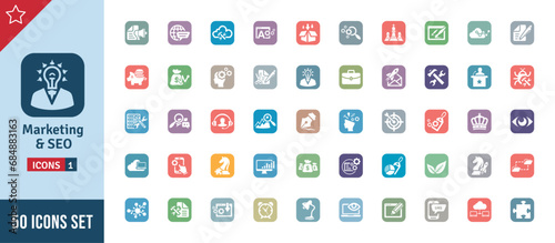 Marketing & SEO Icon Set. Search Engine Optimization, Advertising, Website, Business, Marketing, Traffic, Ranking, Optimization, Keyword & Many More. Square Vector Icons Collection