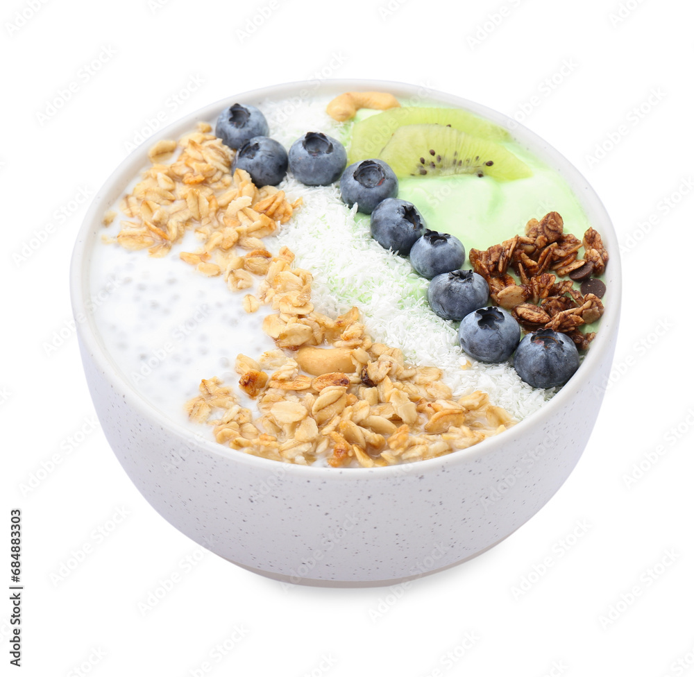 Tasty smoothie bowl with fresh kiwi fruit, blueberries and oatmeal isolated on white