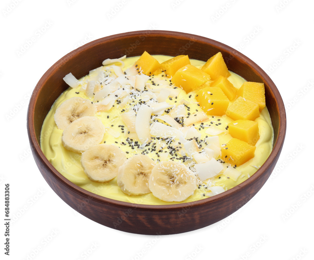 Tasty smoothie bowl with fresh mango fruit and banana isolated on white