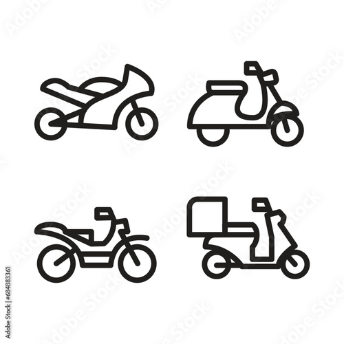 Motorcycles icon set. List of different types of motorcycle, bike, and motorbike icon sets. Simple and modern motorcycle vector icon set.