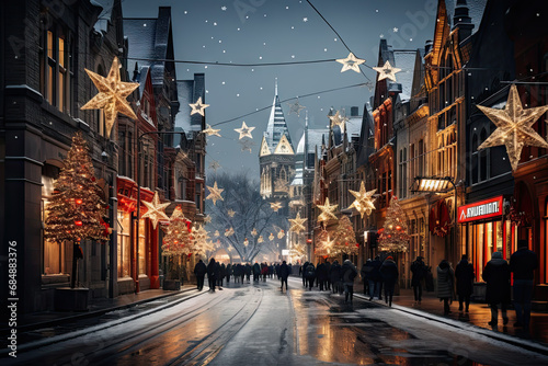 A city street with christmas lights and people walking down it created with generative AI technology © Golib Tolibov