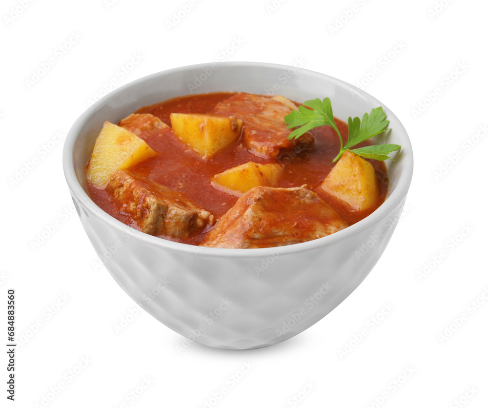 Delicious goulash in bowl isolated on white Delicious goulash in bowl isolated on white