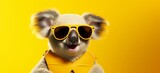 A giggling koala wearing sunglasses, holding a sign that says 