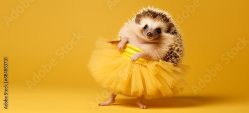 A giggling hedgehog wearing a tutu and ballet shoes, striking a pose on a solid yellow background. photo