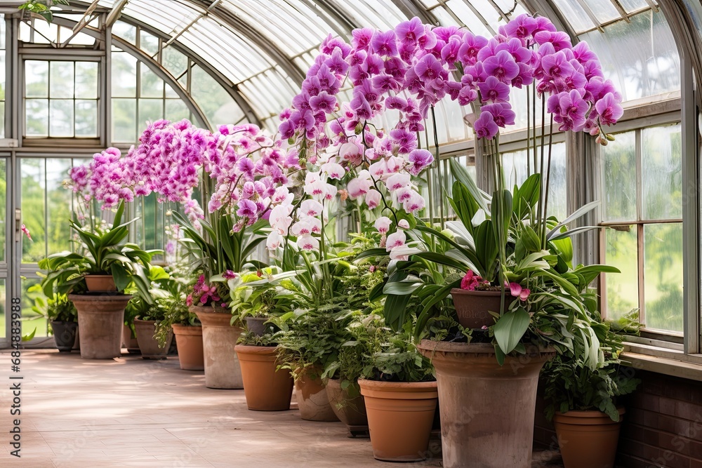 Orchid Color Explosion: A Tropical, Vibrant Design in a Greenhouse