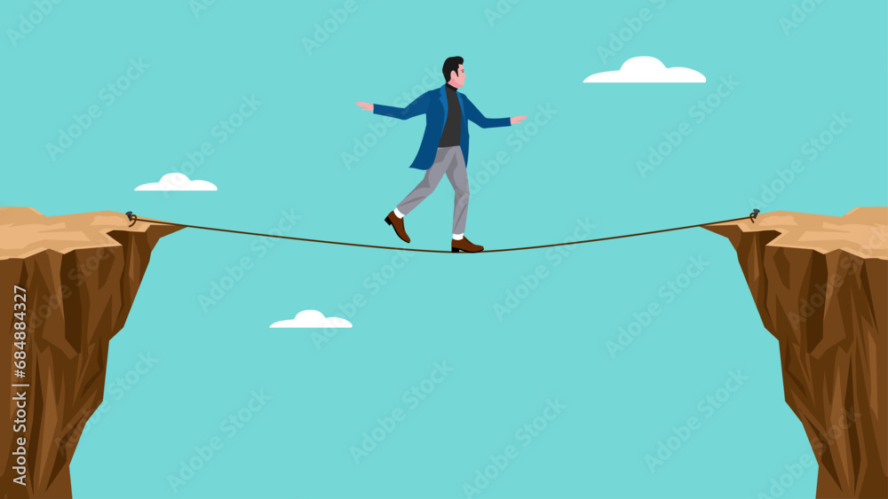 two cliff concept illustration with a Businessman crosses gap between cliffs using rope, business risk symbol, determination, motivation - obrazy, fototapety, plakaty 