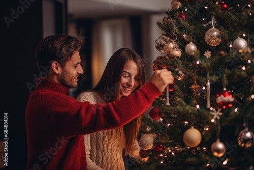 Caucasian woman with her man decorating Christmas tree at home
