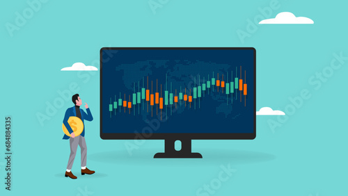 investment illustrator with the concept of investor monitoring growth of dividends, analyzing graphs, investing capital, trader sitting on stack of money, financial growth statistic illustration