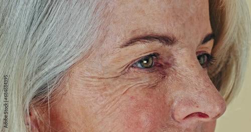 Senior, woman and eye vision closeup for assessment test, glaucoma or prescription exam. Old female person, wrinkles and dementia for confused problem or thinking lonely mental, alzheimer or profile photo