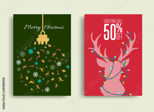 Winter and Christmas sale vector poster or banner set with discount text reindeer ornament and elements in red and green background for shopping promotion. Vector illustration.