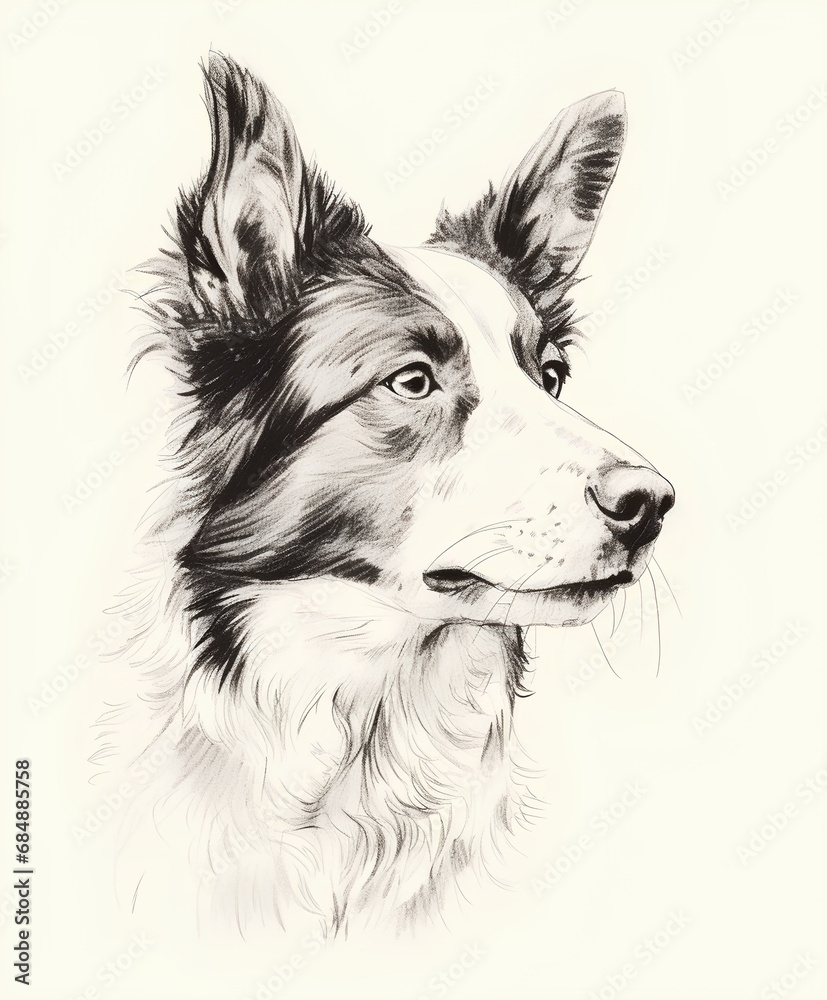 Fototapeta premium minimalist detailed pen drawing on white paper of a border collie looking up. generative AI