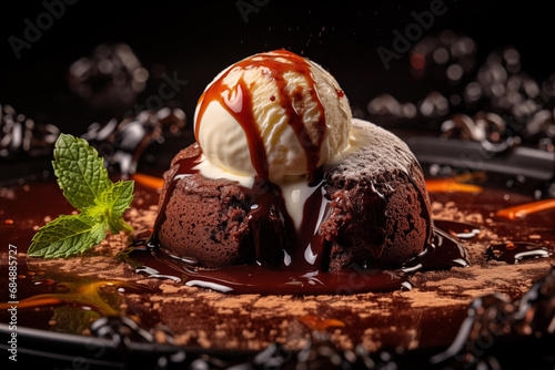 A decadent chocolate lava cake oozing with rich molten ganache, served with a scoop of vanilla ice cream photo