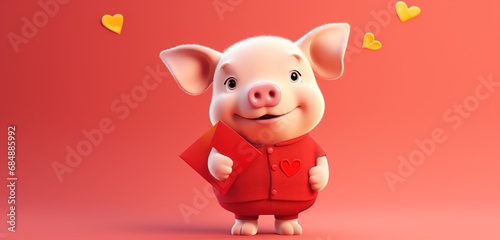 An adorable pig wearing a red suit, standing next to a heart-shaped mailbox filled with love letters, on a plain yellow backdrop. © Shamsher