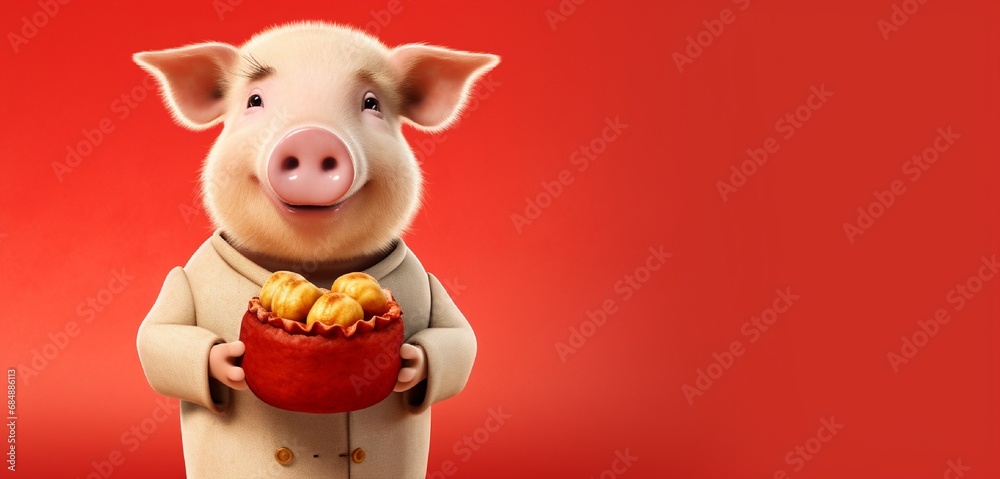An adorable pig wearing a red suit, holding a heart-shaped cake, on a plain yellow background. An adorable pig wearing a red suit, holding a heart-shaped cake, on a plain yellow background.