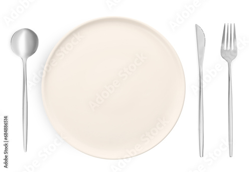 Empty beige plate with fork, knife and spoon on white background, top view