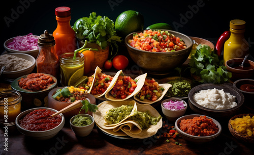 Festive taco bar scene with an array of colorful toppings, salsas, and guacamole