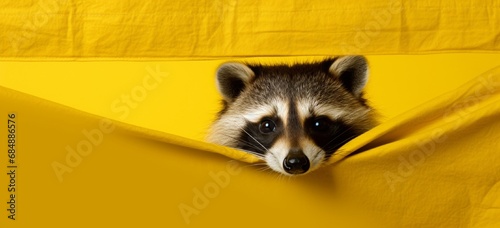 Cheeky raccoon peeking out from behind a yellow curtain on yellow. photo