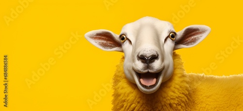 Cheeky sheep sticking out its tongue and making a funny face on yellow. photo