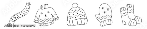 Winter clothes vector set of knitted beanie hat, sweater, scarf, mitten, socks. Black and white contour line art cartoon drawing doodles. Winter clothing clip art design elements. Fashion icon or logo