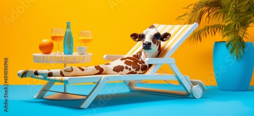 Cow lying on a sun lounger with a tropical drink on yellow. © Shamsher