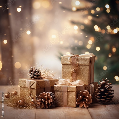 Gift boxes and pine cones and branches on bokeh background © tigerheart