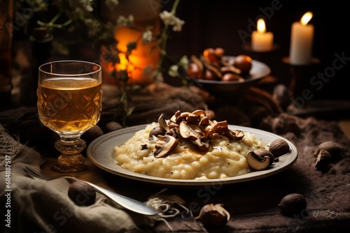 A cozy winter dinner with a plate of creamy risotto, studded with wild mushrooms