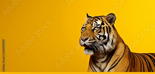 Majestic tiger on a solid yellow background with copy space.