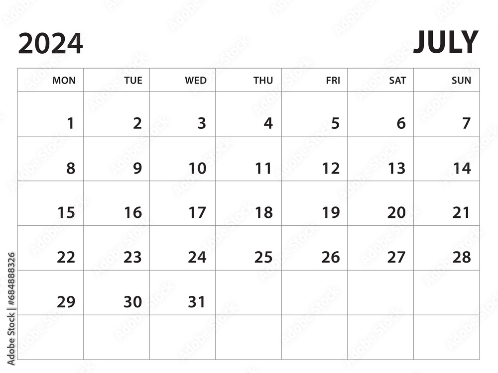 Calendar 2024 template - July 2024 vector on white background, week start on monday, Desk calendar 2024 year, Wall calendar design, corporate planner template, clean style, horizontal template Calendar 2024 template - July 2024 vector on white background, week start on monday, Desk calendar 2024 year, Wall calendar design, corporate planner template, clean style, horizontal template