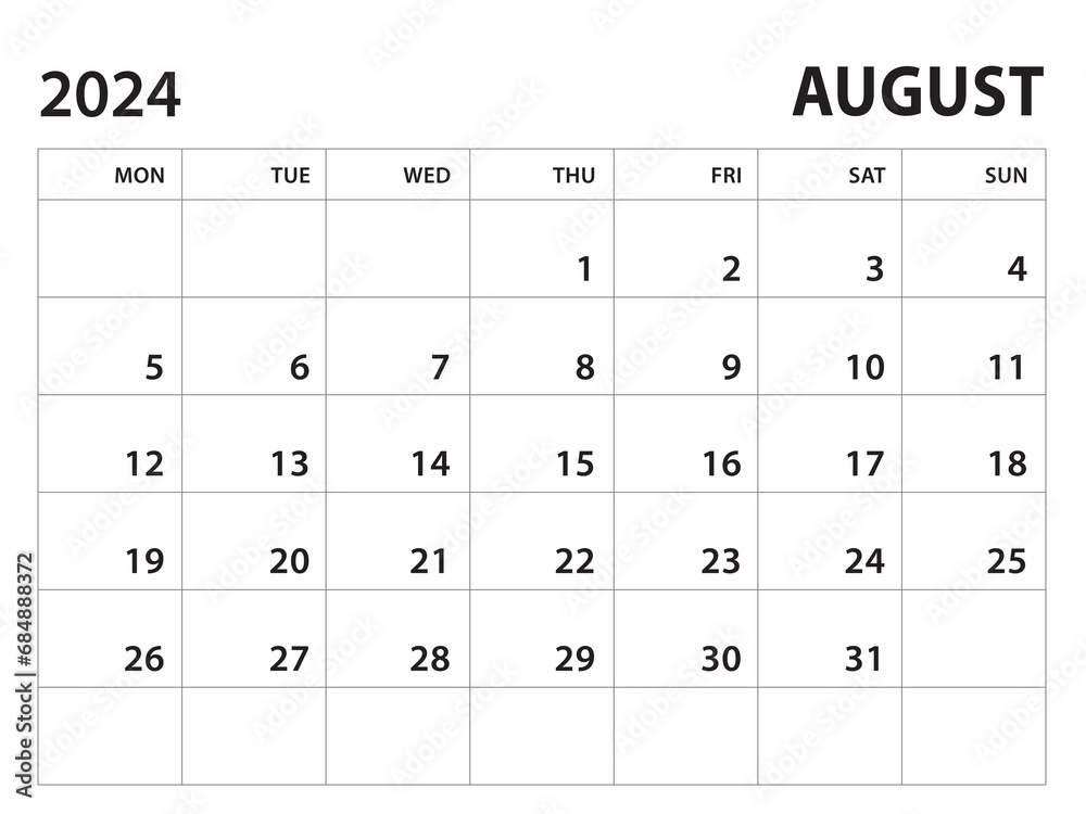 Calendar 2024 template - August 2024 vector on white background, week start on monday, Desk calendar 2024 year, Wall calendar design, corporate planner template, clean style, horizontal template Calendar 2024 template - August 2024 vector on white background, week start on monday, Desk calendar 2024 year, Wall calendar design, corporate planner template, clean style, horizontal template
