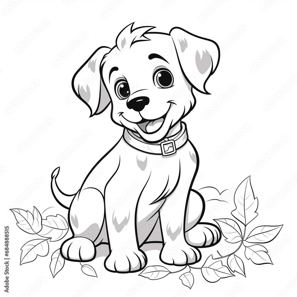 Dog on a soft bed of leaves coloring page, Cute dog character for coloring Book. Puppy outline. Cartoon little dog.