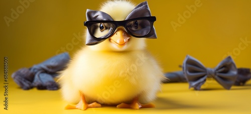 Silly duckling wearing oversized glasses and a yellow bow on yellow.