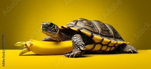 Turtle slipping on a banana peel on yellow. photo