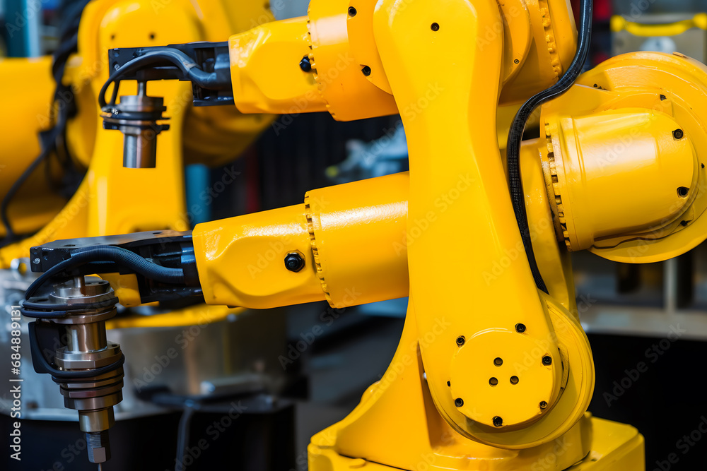 Industrial Robot Arm at Production Line at Modern Factory. Neural network AI generated art Industrial Robot Arm at Production Line at Modern Factory. Neural network AI generated art