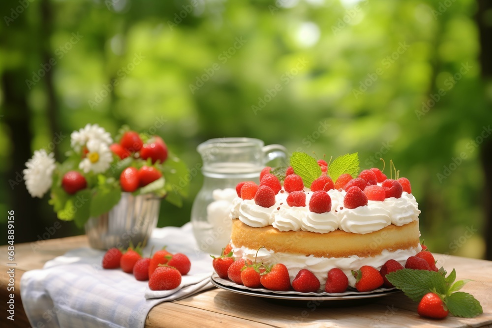 A summer picnic scene with a strawberry shortcake