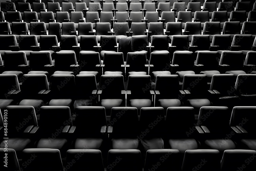 Empty cinema hall with red seats. Movie theatre. Neural network AI generated art