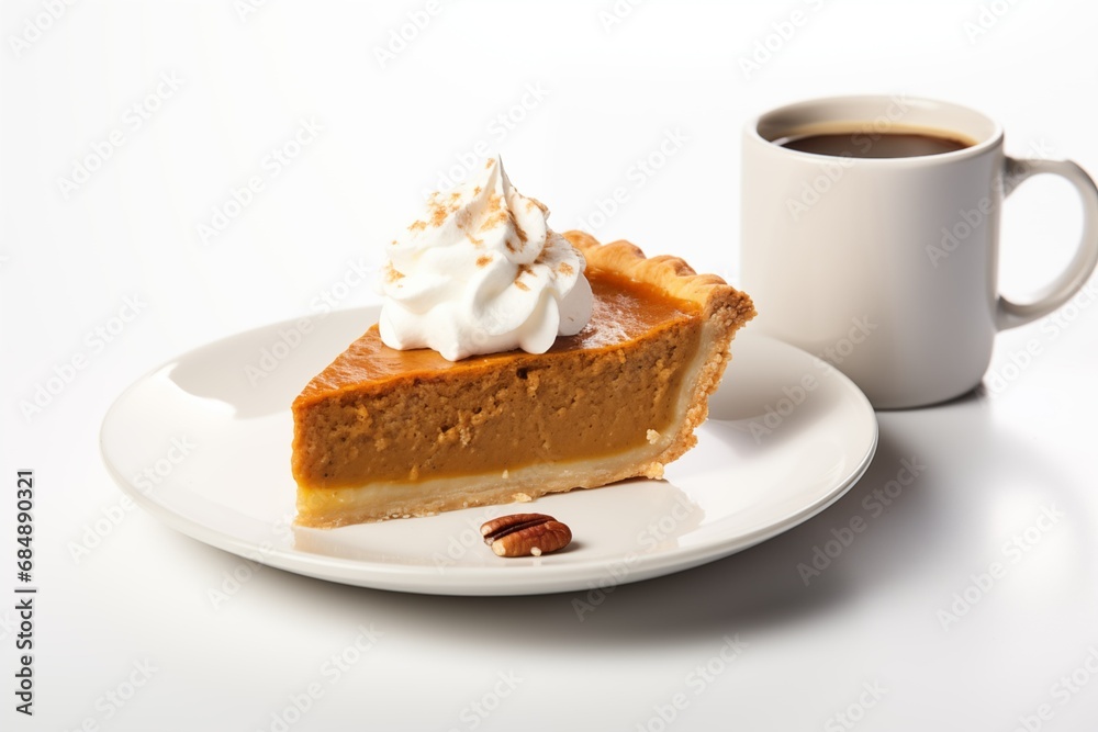 A slice of pumpkin pie on a white background A slice of pumpkin pie on a white background